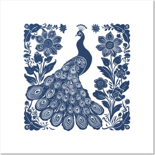 Peacock Folk Art Block Print Navy Blue Posters and Art